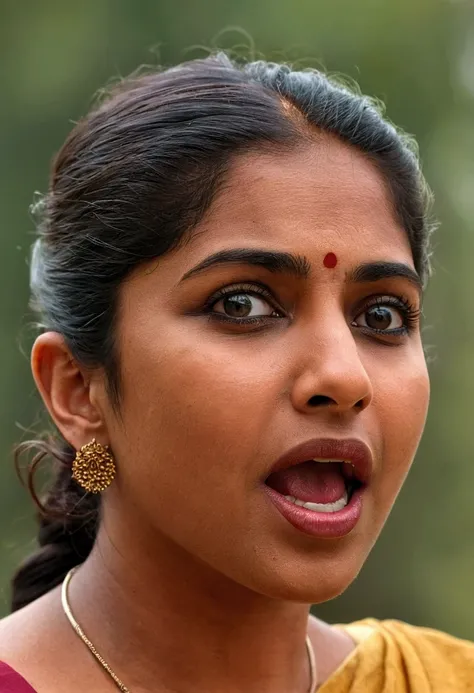 Ultra detailed photo of Malayali woman, beautiful girl, highest quality realistic skin, eyes in focus, 40 years old, focus on mouth, open mouth, saliva, open mouth wide, inside of mouth visible, ponytail hair, mouth open wide, uvula visible, mouth open wid...