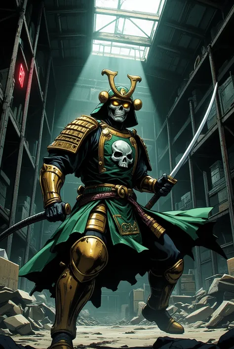  In a dramatic comic book style illustrate a skull faced samurai with gold and green armor, his eyes glowing yellow. He has a large white skull emblem on his chest. Show him with his katana in a sword fighting pose, his knees bent and ready to leap into ac...