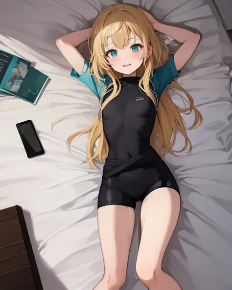  young girl ,  Blonde hair ,  long hair,  is lying on a white bed, arms bent at the waist , legs are slightly apart,  short black cycling shorts,  turquoise short t-shirt, thin hips ,  smiles a little ,  Best quality,  view from above.