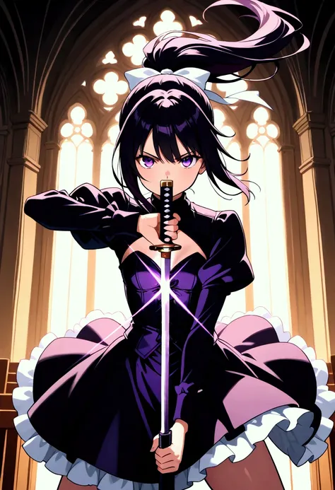 (masterpiece),(absurdres),(ultra detailed),(anime:1.2),solo lady,(23-year-old),shiny black hair,shiny purple eyes,(short highponytail),bangs:1.1,(1white ribbon;1.1),(small breast:0.7),(Gothic dress),katana stance,Gripping pattern 、serious,Rage, wind,depth ...