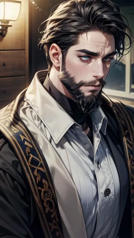 (    league player ,4K,8k,    highres,    masterpiece:1.2),    ultra-detailed   ,(realistic,photorealistic,photo-realistic:1.37),36-year-old man,3 day beard,cute anime ,Portraits,strong,Masculine,    dark hair,sharp jaw,        mesmerizing eyes        ,   ...