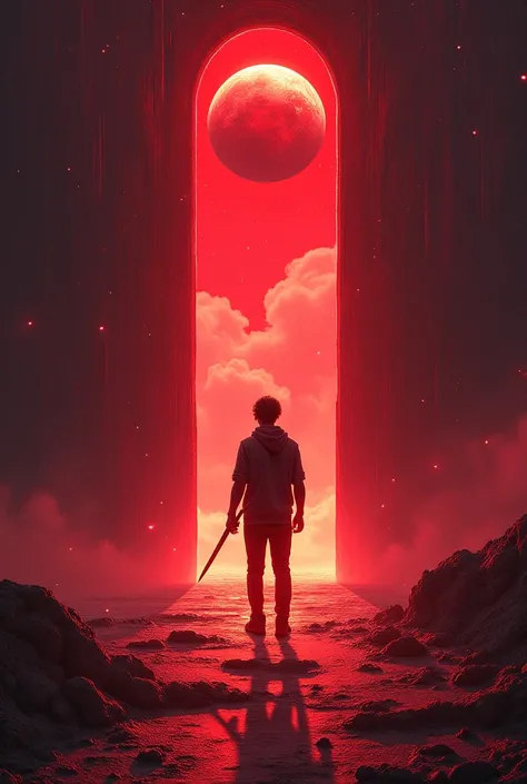  Draw a planet overhead , just below is a mysterious red oval gate and there is the shadow of a 26-year-old,  short hair , wearing hoodie t-shirts, short dagger handle , there are glittering rays around 