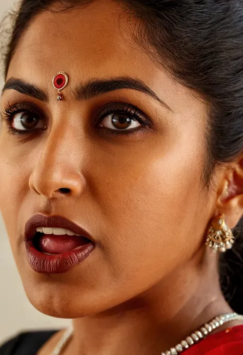 Ultra detailed photo of Malayali woman, beautiful girl, highest quality realistic skin, eyes in focus, 40 years old, focus on mouth, open mouth, saliva, open mouth wide, inside of mouth visible, ponytail hair, mouth open wide, uvula visible, mouth open wid...