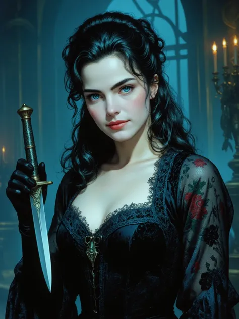 A Victorian aristocratic vampire, with pale skin and a piercing gaze, wearing a black dress detailed with lace and brocade, inspired by 19th century fashion. red makeup,  blue eyes,  Her hair is long and wavy , tied in an elaborate hairstyle, evoking the v...