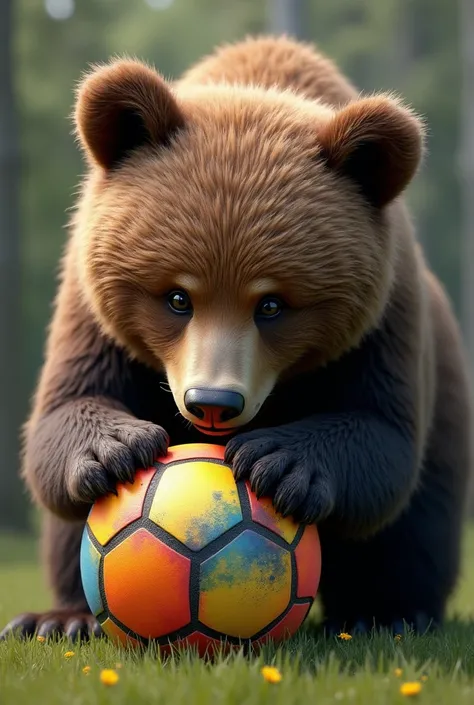 Realistic bear with adorable soccer ball 