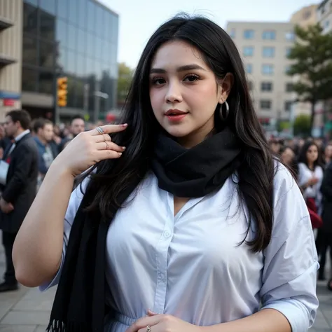 ((((Bbw)))) a woman in a and dress holding a and scarf, long hair, black hair, upper body, earrings, black eyes, lips, ring