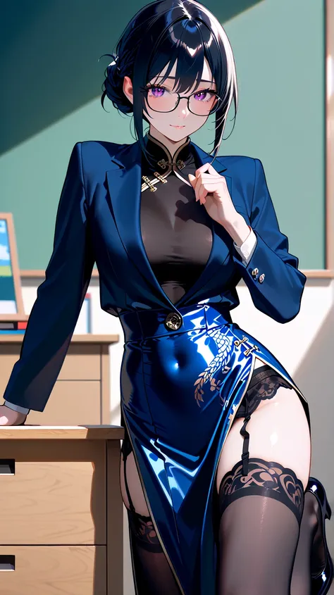  female 1 person、((( Female Teacher)))、 black hair、Double Chignon、 Purple Eyes、  Beautiful attention to detail ,  with beautiful lip detail,  very detailedな目と顔, long eyelashes, Glasses、((( Made of Shiny Satin Fabric 、China dress with long slits)))、(((I'm w...