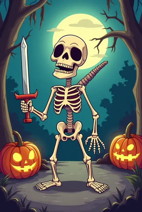 "A cartoon skeleton looking confused while holding a sword, with no guts and a big spine, in a playful and humorous pose, with spooky Halloween-like decorations."