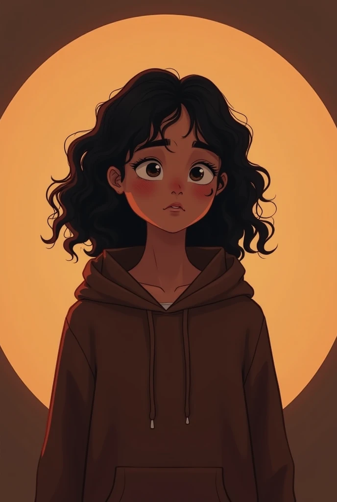 21 year old girl inside a round circle and she wears a dark brown hoodie. She's aesthetic, shy,. She has dimple on her cheecks. She has shoulder length black curly hair. The ambience is old rust brown, nostalgia, cartoonish.