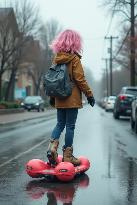  Hello help me by creating an image of a skater with light pink hair. Inline skates have buoys for floating instead of wheels, Because she's skating on a residential street and it's a rainy day,  even with some pools of water around them . 