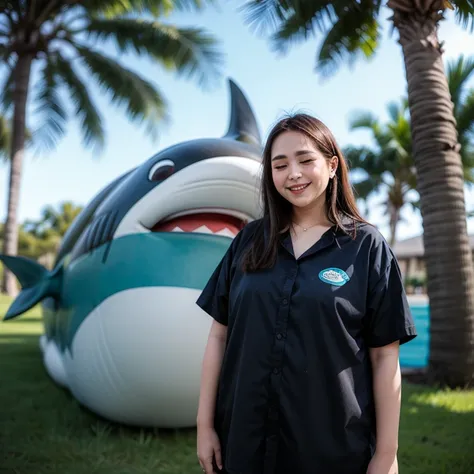 ((((Bbw)))) a woman standing in front of  a shark, long hair, smile, brown hair, closed eyes, outdoors, tree