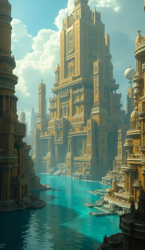  A mysterious landscape of Atlantis before the disaster, with golden buildings and advanced technology .