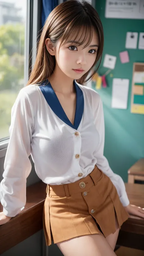   creative girl with nipples exposed from under her shirt {x} school classroom    ,( Well-balanced :1.3), Sexy latino     ,(  cowboy shooting),( Focus on thighs),I'm wearing a Japanese uniform with a plaid ultra-short pleated miniskirt,  cardigan with hand...