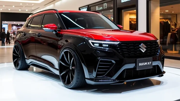 A photo of a modified [ The 2025 Suzuki XL7 ]with a sleek, full design. Left view, The car is black and has a Red roof. The 2025 Suzuki XL7 logo is displayed on the black grille. The car is parked on a white surface. The background is a shopping mall with ...