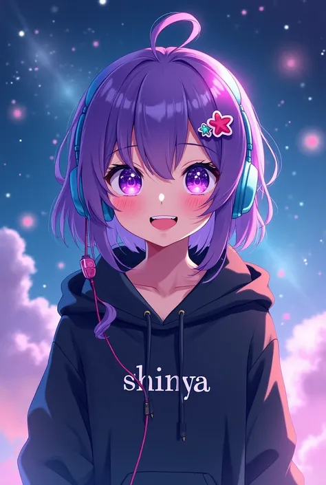 「 purple short-haired girl ， wearing blue headphones ，  headphones and a black hoodie with the words 「shinya 」 。  The background is a starry sky，Ambience Fantasy  ，  purple eyes sparkle ，Cheerful and warm and cute 。」