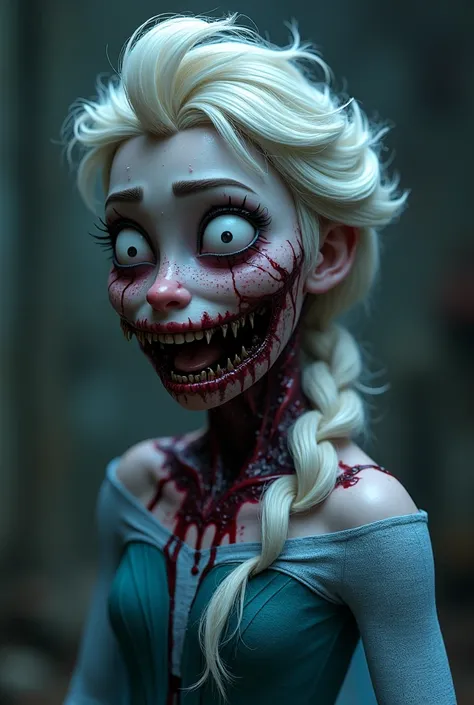  Make an image of Elsa from Frozen transformed into a terrifying monster , with pale, cracked skin ,  bright, empty eyes ,  and an expression of pain and madness .  Her hair is tangled and full of parasites with sharp teeth that crawl through her body.  Th...