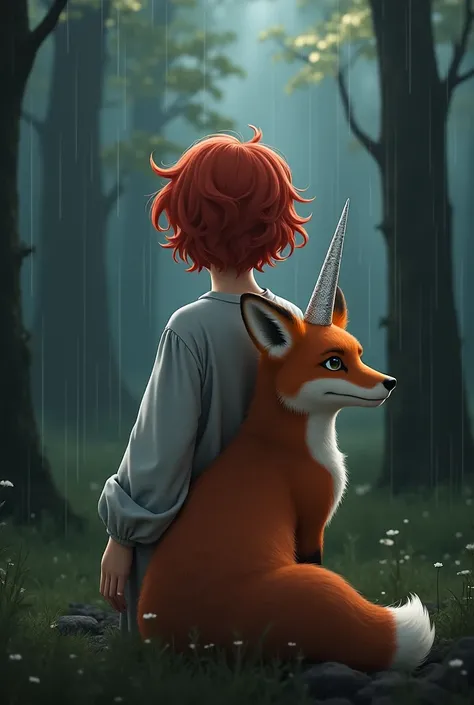  One with short hair and wavy redheads on her back without showing her face,  do it with a short dress with long white sleeves, She's in a raining forest,Next to a fox with its back without showing its face , with a shiny white unicorn horn on the fox's he...