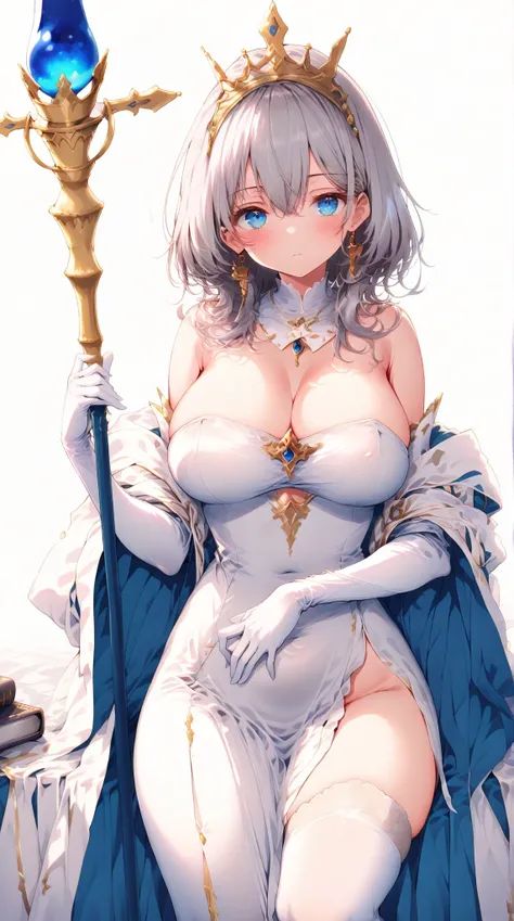 Featherless Bishop , Long-handled Staff , Bible, Big Crown ,  expressionless ,  long dress with big slits,  1 girl, White clothing, Blue clothes,  Masterpiece,  anatomically correct,  big breasts, Thighs,  white background,  silver hair,  medium hair, blue...