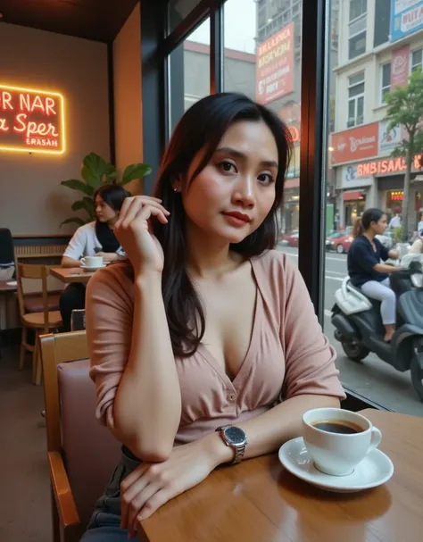 A highly realistic portrait of a 36-year-old Indonesian woman sitting comfortably at a stylish café in a busy district of Jakarta, Indonesia. She has a square-shaped face, smooth light tan skin, well-applied makeup enhancing her natural beauty, a slightly ...