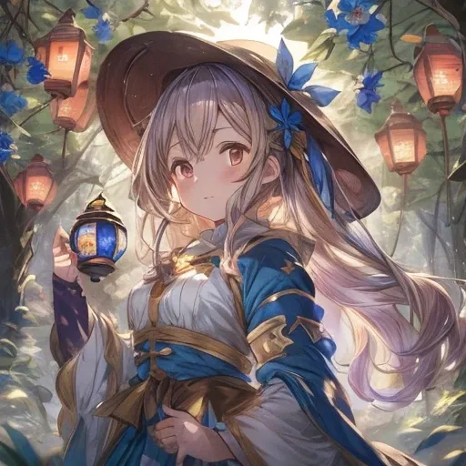 【quality】UHD，super detail，best quality，4K

【 style】granblue fantasy style，anime style

【Image Effects】Fantastic light spreads through the forest at night 、 warm lighting

The lantern's light gently illuminates the surroundings and draws the shadows of the ...