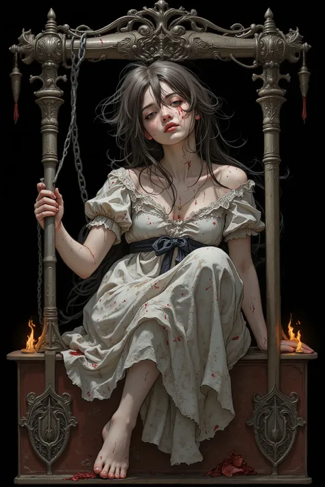 She is a broken machine, tears of blood, incessant whispers, psalms of madness, tunes of ruins, darkness without light, light without darkness, a flood of twisted words, scream, scream, scream, ringing bells, the guillotine, the burning church, ashes, ashe...