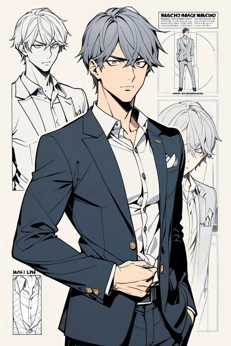 one boy,Tall, sharp eyed,Gray Hair,Uniform Blazer,Short Hair, Line Art, thin macho
 