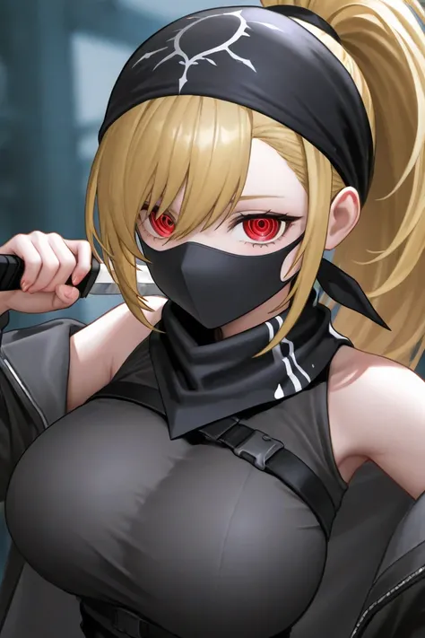  blonde、 red eyes、Narrow eyes、 big breasts、 ponytail、 black mask 、Black Bandana、Black clothes、knife