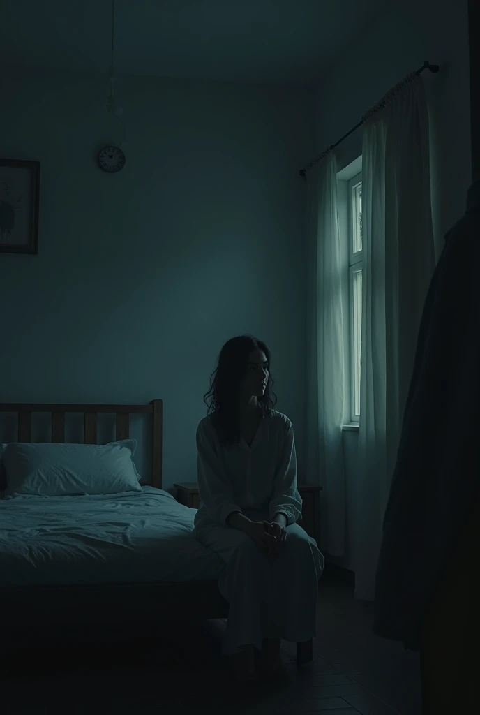 "A woman sits alone in a dimly lit bedroom,