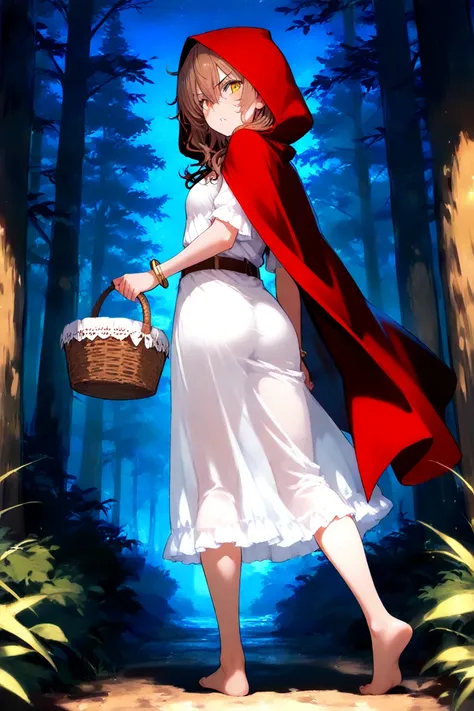 in the middle of the forest, night, \(1girl, solo, petite body, small breasts, long brown hair, wavy hair, hair between the eyes, messy hair, white nightgown, red hooded cape, sharp eyes, bangles, belt, yellow eyes, barefoot\), \ ((dynamic pose: 1.3)), hol...