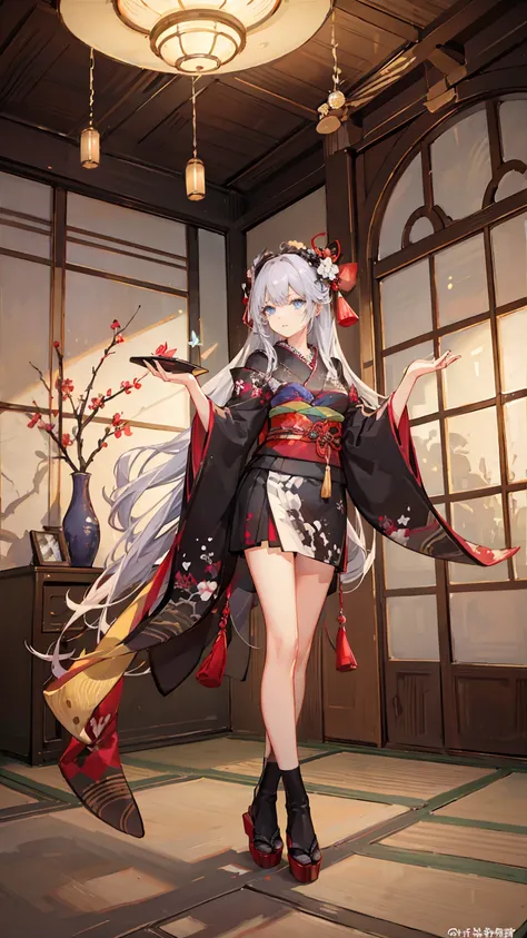 Nsfw,in the night, huge tits, Japanese kimono, miniskirt, red eyeshadow, 1girl, very beautiful,waterblue eyes, silver long hair, butterfly hair ornament,illusion light,in Japanese room,masterpiece, ultra detailed,dynamic angle