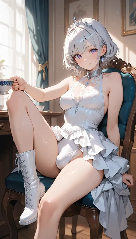 sfw, masterpiece, Best Quality, High resolution, detail hands, detail fingers, detail face, detail leg, (1girl, solo, detail girl, 20 years old girl), (silver hair, wavy hair, bobcut, purple eyes, medium breasts), (silver tiara, white leotard, sleeveless, ...