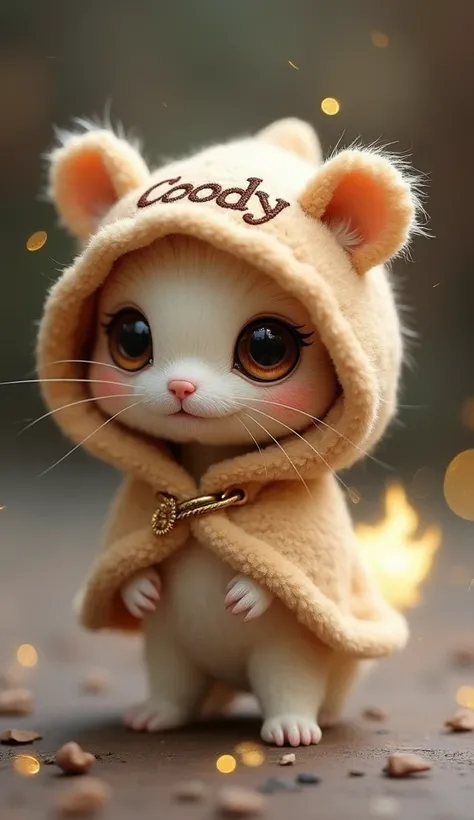 A cute and unique fantasy creature named Coody with a small, fluffy body, short legs, and expressive brown eyes. Coody wears a soft, flowing mini cloak embroidered with bear-like ears on the hood its name in a fantasy font. Its tiny nose and cheerful smile...