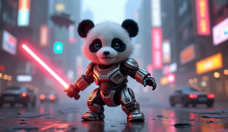 cute baby panda with robotic armor and light saber, background cyberpunk city