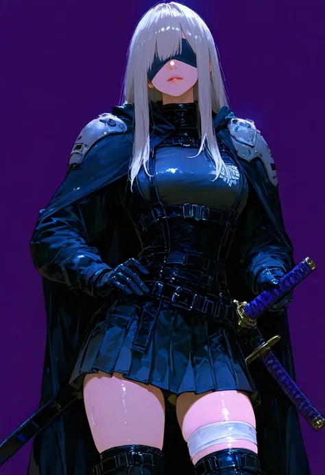  8k wallpaper、  Masterpiece、最   high quality 、   high quality 、   high detail、、   so aesthetic ,   absurd,   latest,  female 1 person、  gray hair 、   long hair、 black leather combat uniform, Cape、 mini skirt、目にbandage、bandage  、 Protruding thighs    、   sm...