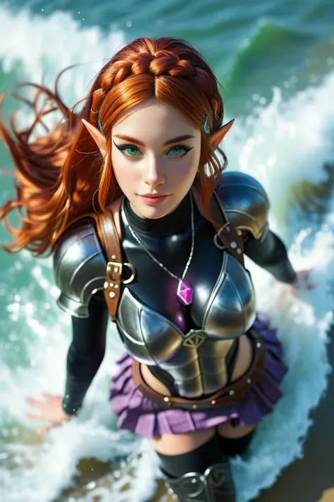 princess zelda, photoreaistic, fit, fair skin, (((long auburn hair))), green eyes, black eyeliner, (((perfect breasts))), pointy ears. Wearing (((black leather armor bodysuit)))((black thigh high boots))(((purple skirt))). Surfing on a wave. Wearing glowin...