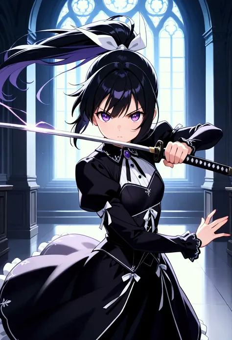 (masterpiece),(absurdres),(ultra detailed),(anime:1.2),solo lady,(23-year-old),shiny black hair,shiny purple eyes,(short highponytail),bangs:1.1,(1white ribbon;1.1),(small breast:0.7),(Gothic dress),katana stance,Gripping pattern 、serious,Rage, wind,depth ...