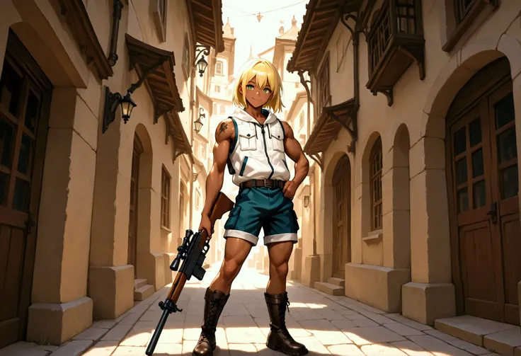 1boy, shota, muscular, dark copper tan skin, solo, yellow hair, short straight hair, (white sleeveless jacket with pocket:1.5), body belt, short pants, green eyes, cyberpunked rifle on the ground, town stone street, lower buildings, standing on the street,...