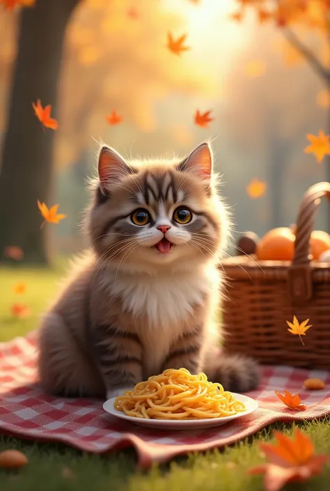 Realistic cute cat at a picnic eating pasta and around falling leaves 