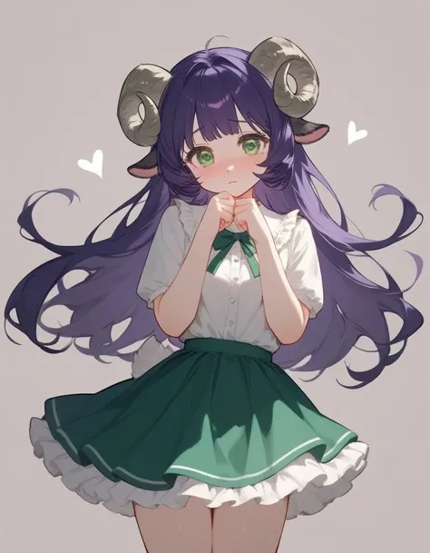 One, score_9,score_8_ upwards,score_7_ upwards,   sheep horns, lamb tail ,  Anthropomorphic ram ,  light skin  ,  purple hair, purple long hair ,  light skin ,  green eyes ,  Very long hair,  white shirt frilled skirt,  indoor skirt,  shy pose , makes a he...