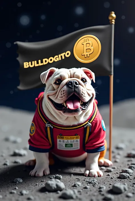 Realistic Bulldog, with astronaut clothing with the emblem of a dog's paw,  flag arrived on the Moon and a huge flag was planted stamped with a cryptocurrency with a symbol of a bulldog in the color silver,  and the name BULLDOGITO made in gold underneath ...