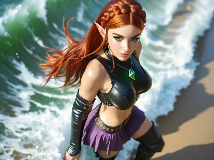 princess zelda, photoreaistic, fit, fair skin, (((long auburn hair))), green eyes, black eyeliner, (((perfect breasts))), pointy ears. Wearing (((black leather armor bodysuit)))((black thigh high boots))(((purple skirt))). Surfing on a wave. Wearing glowin...