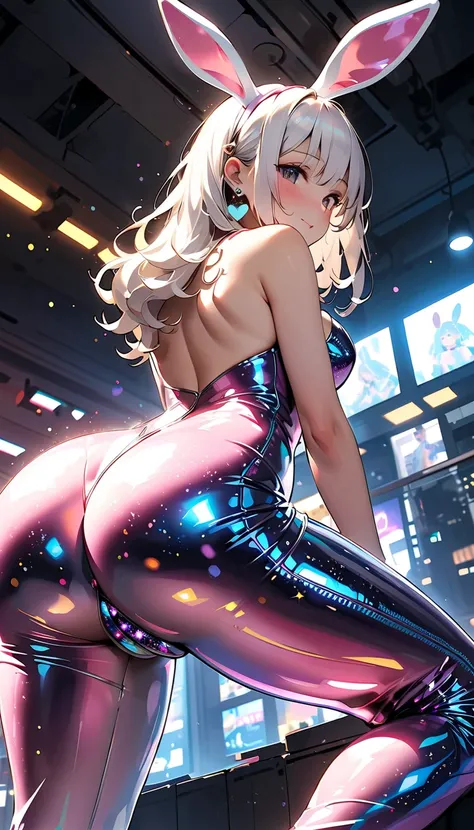  Kneel、Bunny Girl Earrings、I'm slouching and leaning forward 、 big breast with a futuristic gun、  highlight your butt in a dark room at a luxury hotel 、 （ Dynamic composition seen from below :1.3）、 White hair color 、(( Masterpiece,   top quality,     最 HD,...