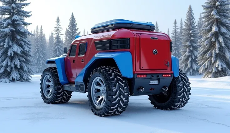 "Stunningly realistic 3D render of the rear back view of a colossal, heavily armored 2025 Bugatti motorhome truck 4x4 designed for off-road adventures. The vehicle showcases enormous off-road tires with silver-colored wheels and reinforced metal panels. Th...