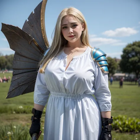 ((((Bbw)))) a woman in a dress holding a sword, long hair, blue eyes, blonde hair, weapon, boots, outdoors, wings, sky, day, orange hair, armor, blue sky, sheath, greaves