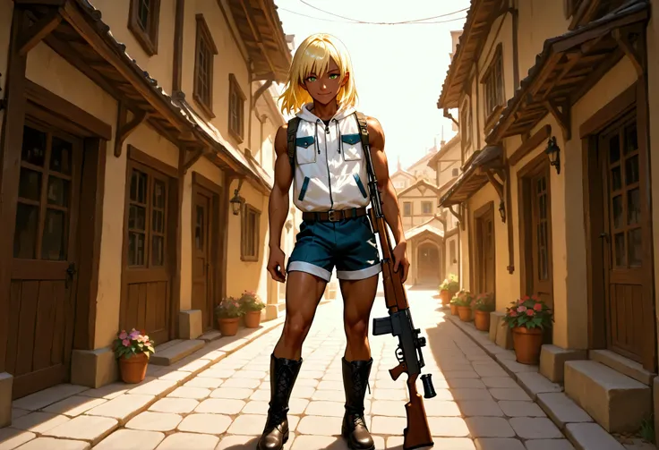 1boy, shota, muscular, dark copper tan skin, solo, yellow hair, short straight hair, (white sleeveless jacket with pocket:1.5), body belt, short pants, green eyes, cyberpunked rifle on the ground, town stone street, lower buildings, standing on the street,...