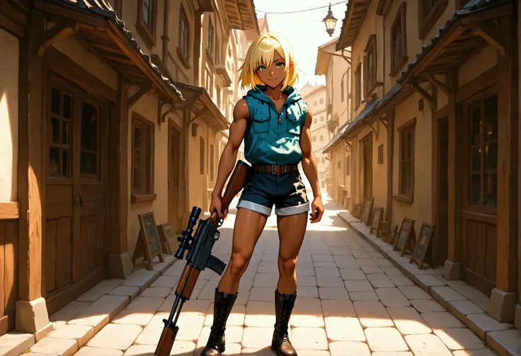 1boy, shota, muscular, dark copper tan skin, solo, yellow hair, very short straight hair, (white sleeveless jacket with pocket:1.5), body belt, short pants, green eyes, cyberpunked rifle on the ground, town stone street, lower buildings, standing on the st...