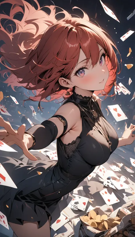 ( Masterpiece:1.2), (  top quality:1.2),   ultra high resolution,   very detailed, Red Hair,  dealer,  Reaching Up ,  scattered playing cards, Chips are falling  ,  from side, whole body