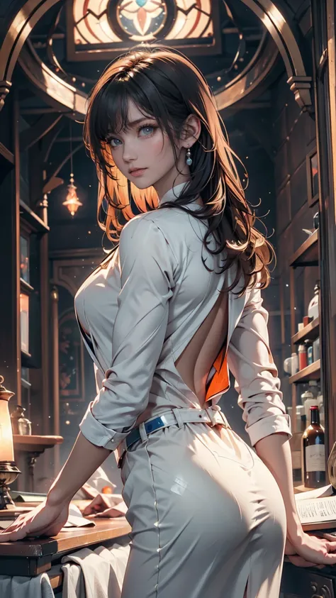  Female 25 year old beautiful astronaut 1950  ,  deep blue eyes,  metallic white clothes with orange details,  movie,  photography, half  backlight,  backlight,  Dramatic Lighting , Incandescent,  Soft Writing ,  Are insanely detailed and complex , hyperma...