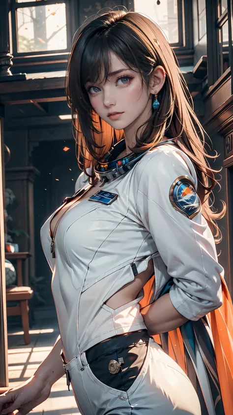  Female 25 year old beautiful astronaut 1950  ,  deep blue eyes,  metallic white clothes with orange details,  movie,  photography, half  backlight,  backlight,  Dramatic Lighting , Incandescent,  Soft Writing ,  Are insanely detailed and complex , hyperma...