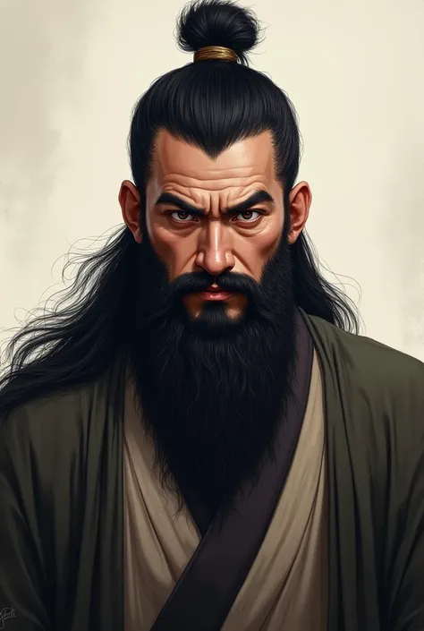 Asian strong bearded man with 3rd century hair, looks straight at me 